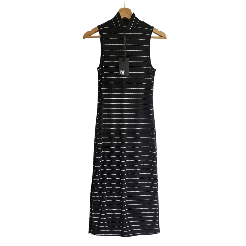 NWT Paige Danisha Black & Silver Ribbed Striped Midi Dress, Size XS